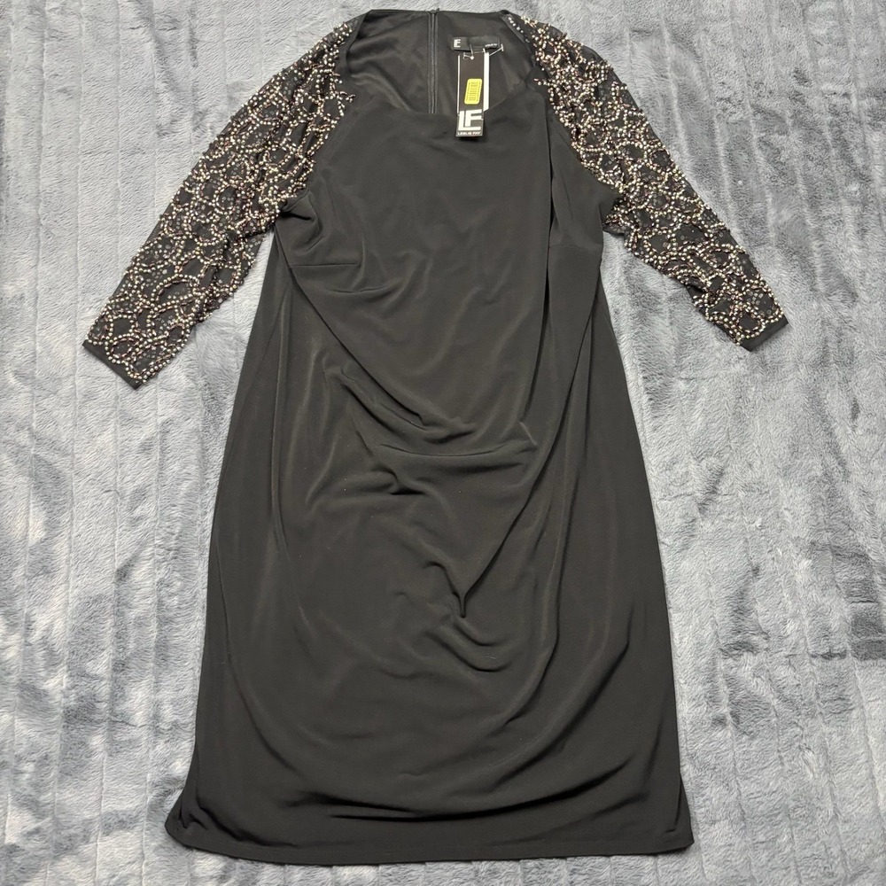Leslie Fay Black Draped Sheath Dress Embellished Mesh Sleeves 14W F3505539 NWT